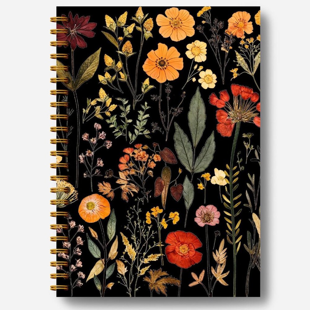 Vintage Boho Floral Botanical Notebook Journal, Watercolor Wildflower Dark Flora